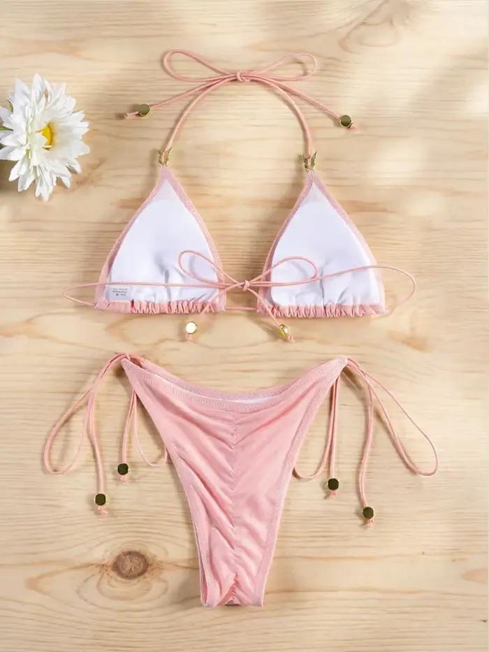 Rinabe Bikini rose, maillot de bain deux pièces, coupe haute, style triangle, à lanières, nouveau style