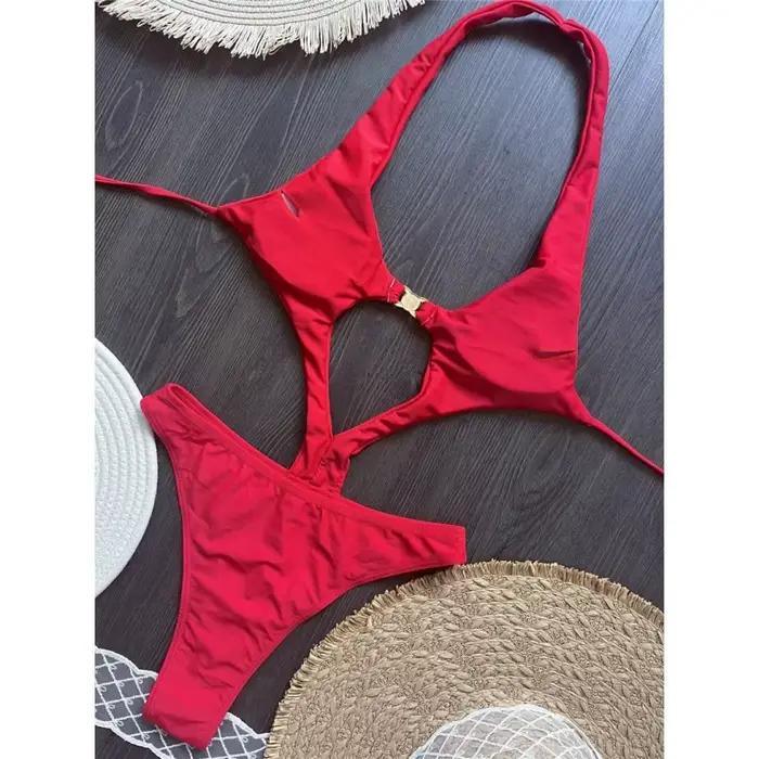 Sexy évider licou une pièce maillot de bain femmes perle métal boucle dos nu à lacets body Bikini 2025 nouveau