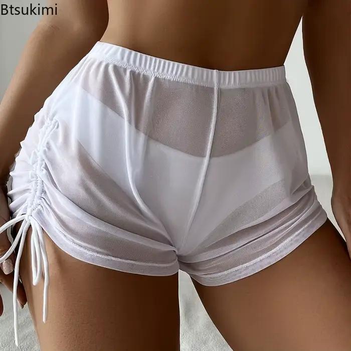 Transparent Sexy plage Shorts couverture maille maillots de bain femme cordon maillot