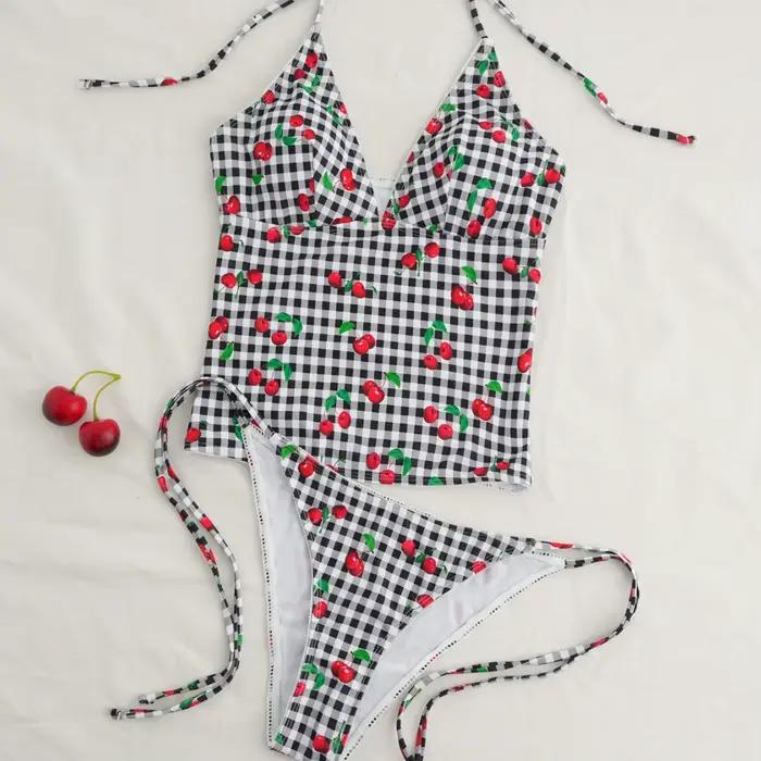 Maillot de bain deux pièces Fresh Cherry, design amincissant triangulaire pour filles et femmes, tissu en nylon avec doublure en polyester, adapté pour...