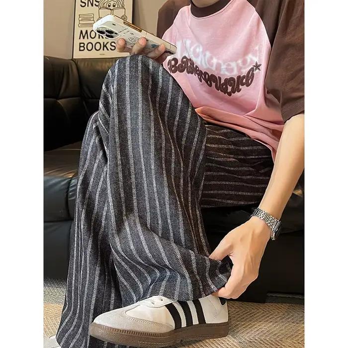 Pantalon large taille haute à jambe droite pour hommes avec rayures, pantalon de salon confortable et décontracté, grande taille M-XXXXXXXXL