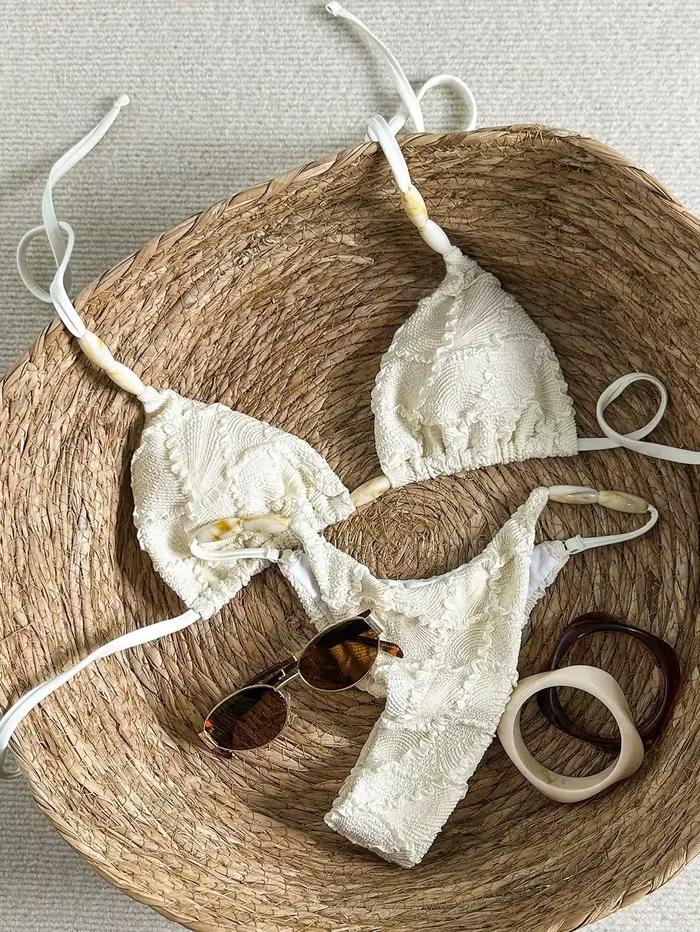 Bikini string sexy 2026 pour femme, blanc, en dentelle ajourée, avec soutien-gorge push-up, micro maillot de bain d'été, tenue de plage pour les vacances
