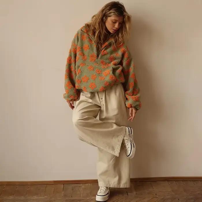 Sweat-shirt à fleurs en polaire pour femmes, nouvelle mode automne-hiver 2021, sweat à capuche chaud en fourrure, haut avec fermeture éclair, vêtements d'extérieur décontractés