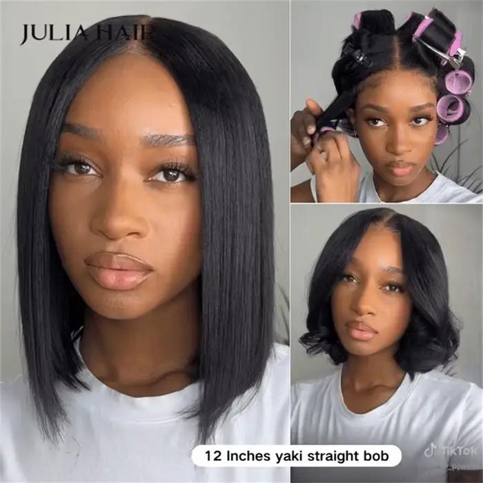 Julia Hair-Perruque Bob droite sans colle Yaki, 7x5, Bye Bye Knots, Gluless BOb Human Hair, Wear and Go Lace Front Wig