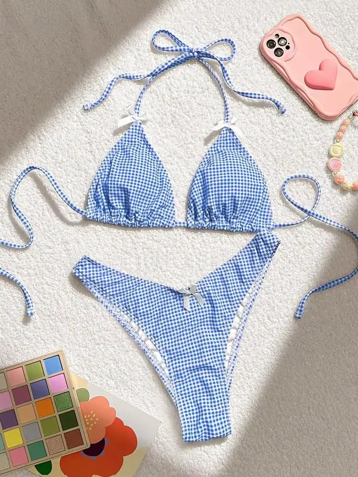 Maillot de bain deux pièces imprimé à carreaux bleus pour femmes