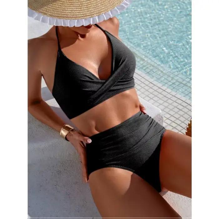Maillot de bain noir femme taille haute effet ventre plat