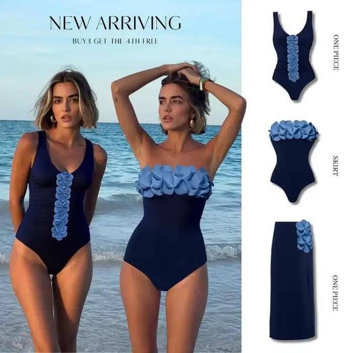 Été une pièce maillot de bain et jupe Flaxmaker 2025 Sexy hors de l'épaule Bandeau 3D fleur élégant maillots de bain ensembles