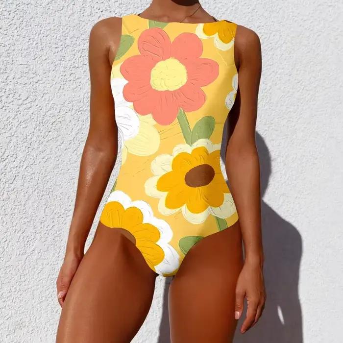 Maillot de bain une pièce coloré petites fleurs motif imprimé décontracté feuille maillots