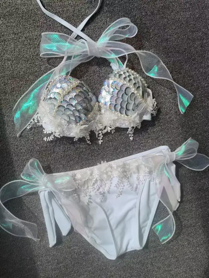 Nouveau sirène paillettes coquille haut de bikini gland or chaud soutien-gorge Oceanarium Bar Table Performance Costumes queue de poisson en cuir