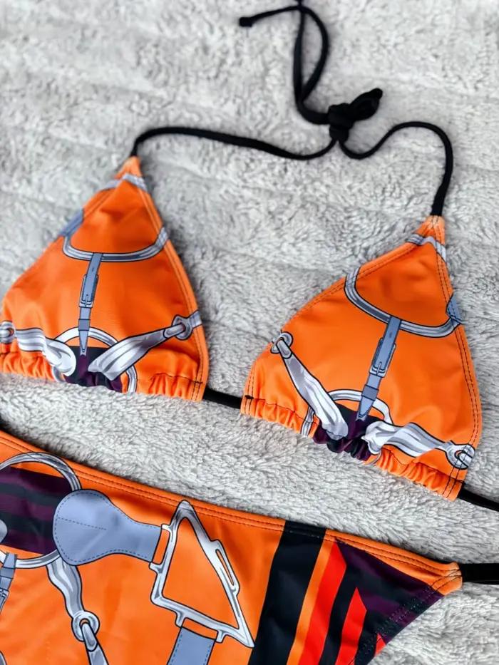 Luxe Sexy Orange géométrie imprimé Bikini 2 pièces ensemble femmes licou élastique string maillot de bain plage