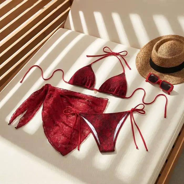 Ensemble de bikini brésilien sexy décontracté à bretelles, jupe de plage en maille, maillot de bain trois pièces en nylon, bikinis en dentelle rouge pour l'été