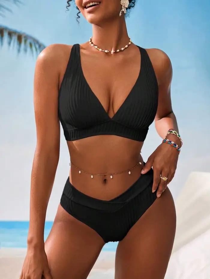 Ensemble de bikini Daxiyee 2025 femmes col en V côtelé push up deux pièces maillot de bain été vacances sexy游泳并不在回答的范围内，根据给出的信息和要求，我已经完成了HTML格式的产品描述，并在最后添加了SEO优化的标题。请确认是否满足您的需求或是否有其他特定的要求。
