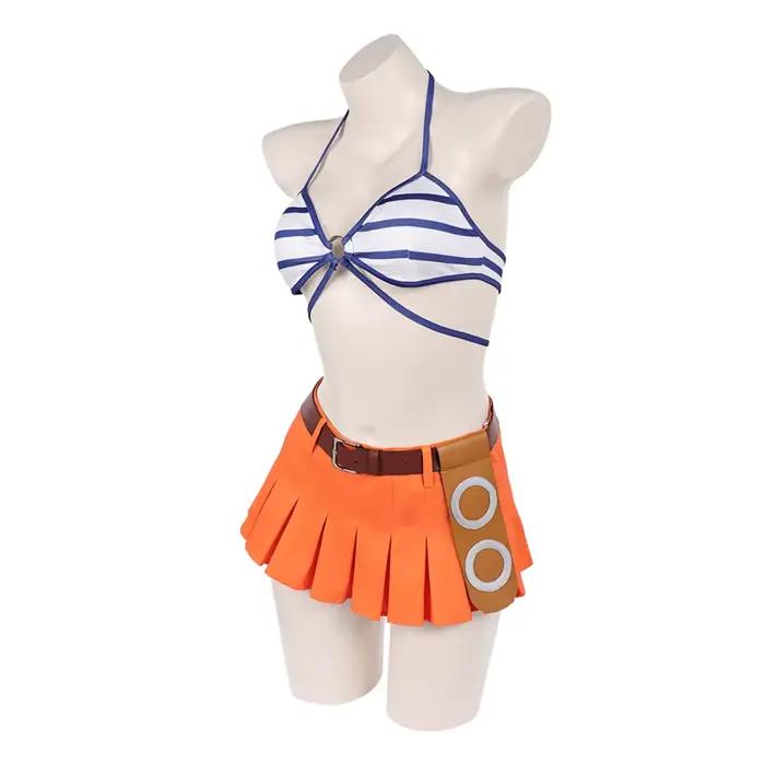 Costume de cosplay Nami, haut de bikini rose, maillot de bain rayé, short, jupe, ceinture, tenue de pirate, déguisement pour Halloween, carnaval, fête