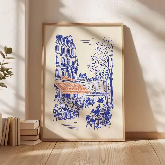 Affiche d'art linéaire sur le thème des cafés de Paris, Décoration murale de bistrot français, Illustration minimaliste de Paris, Illustration de café européen