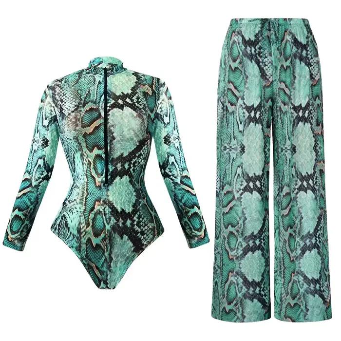 Manches longues crème solaire maillot de bain pantalons longs ensemble femmes noir géométrie imprimé fermeture éclair
