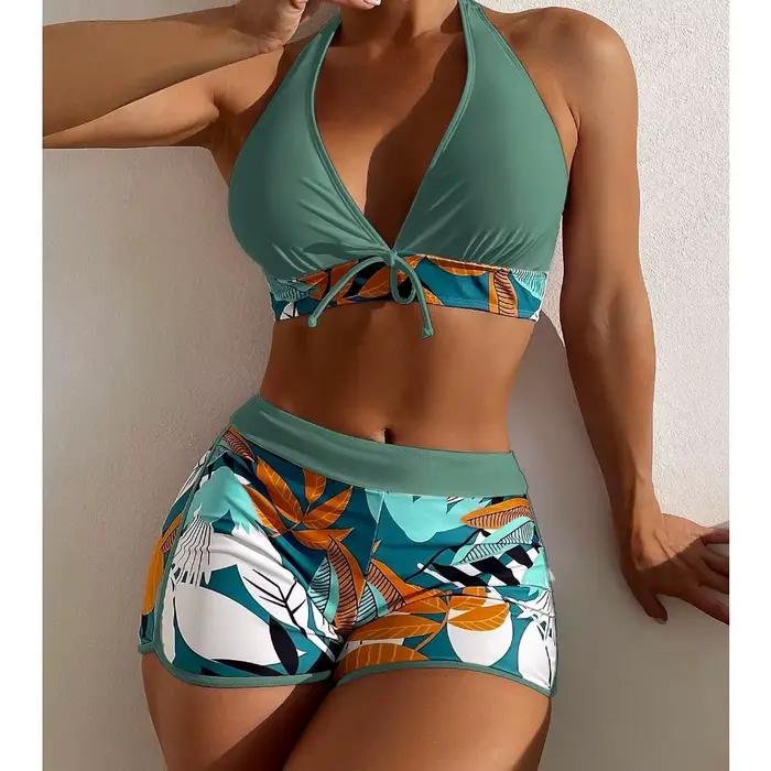 Fanceey mode imprimé maillot de bain épissage à lacets femmes Bikini sport surf