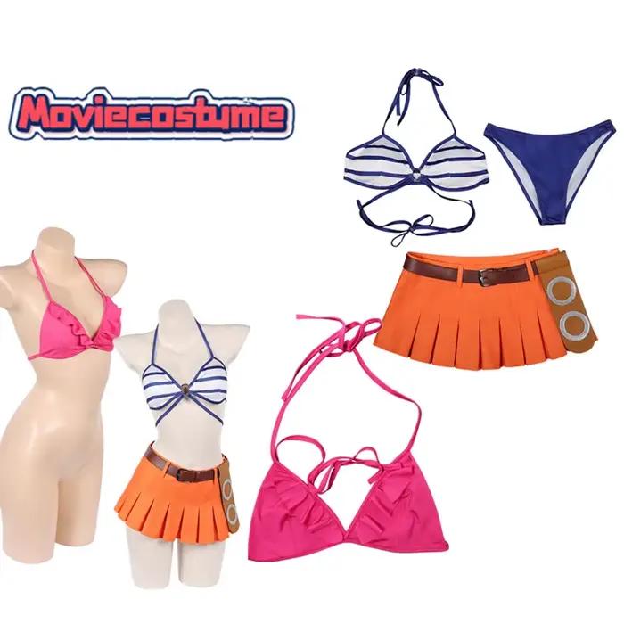 Costume de cosplay Nami, haut de bikini rose, maillot de bain rayé, short, jupe, ceinture, tenue de pirate, déguisement pour Halloween, carnaval, fête