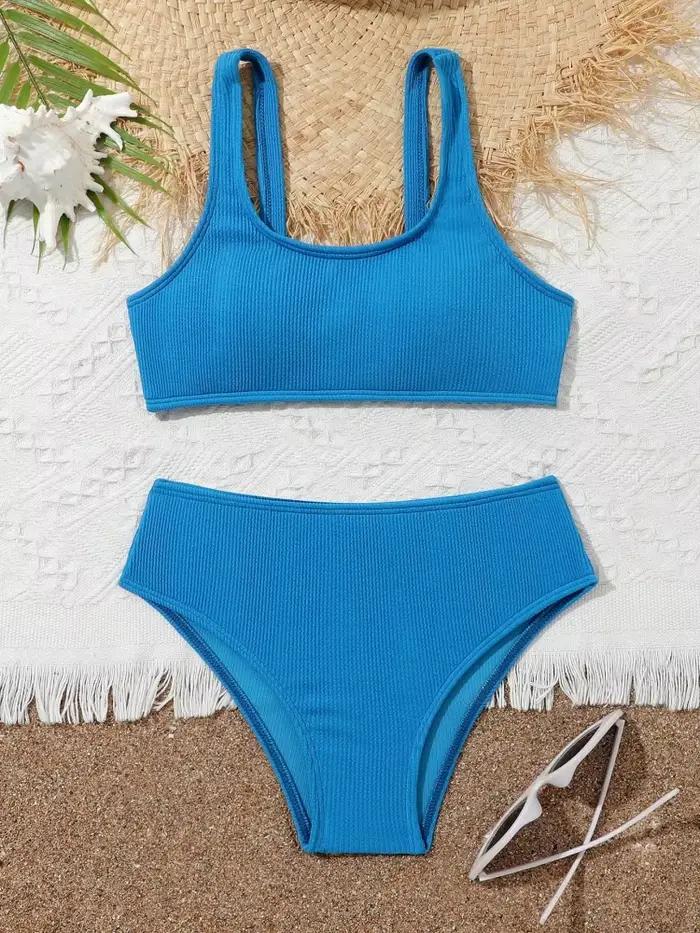 Bikini filles enfants maillot de bain 2026 nouveau bleu côtelé fronde maillots de bain pour enfants été taille haute deux pièces plage maillot de bain natation