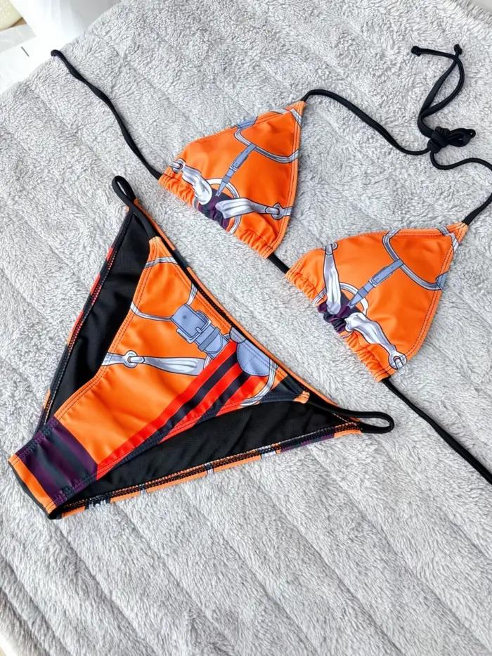 Luxe Sexy Orange géométrie imprimé Bikini 2 pièces ensemble femmes licou élastique string maillot de bain plage