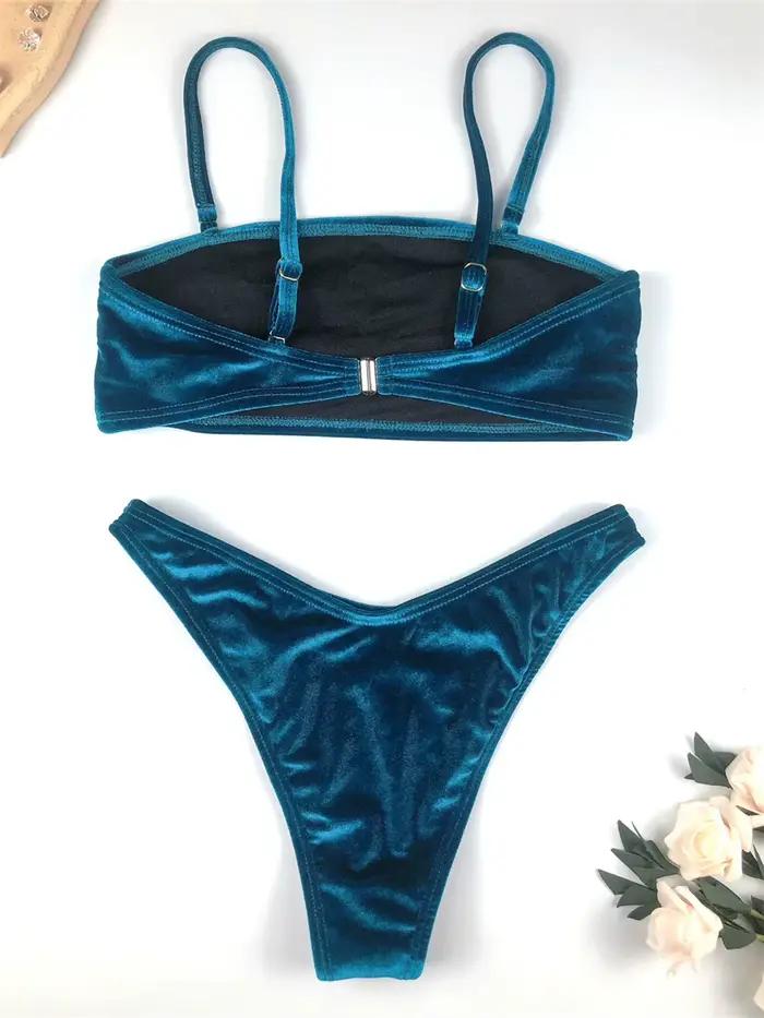 Bikini vintage bleu en velours pour femmes, taille haute, bandeau, ensemble de deux pièces, plage, mariage, vacances ```