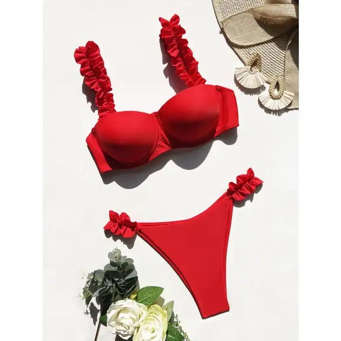 Push Up Bikini ensemble femmes maillots de bain Sexy froncé jarretelle maillot