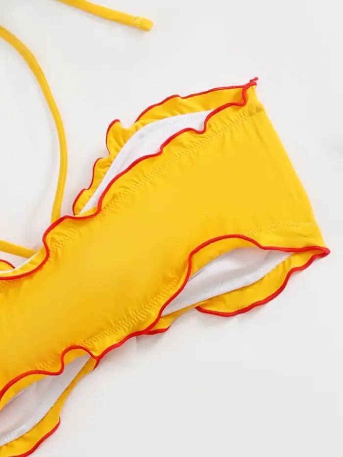 Sexy jaune 3D décoration florale Bikini ensemble 2025 femmes volants Push Up jupe plissée 3 pièces maillot de bain plage
