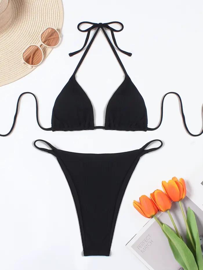 Nouveau Maillot de Bain Deux Pièces Noir 2026 – Bikini Sexy à Bretelles et Col Halter pour Femme – Tenue de Plage Estivale