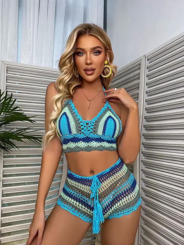 Ensembles de Bikini au Crochet multicolore arc-en-ciel rayé épaules dénudées haut + bas
