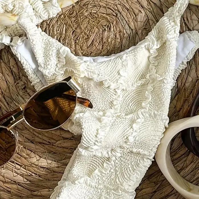 Micro bikini string sexy 2026 pour femme, blanc, en dentelle ajourée, avec soutien-gorge push-up, maillot de bain tendance pour l'été et les vacances