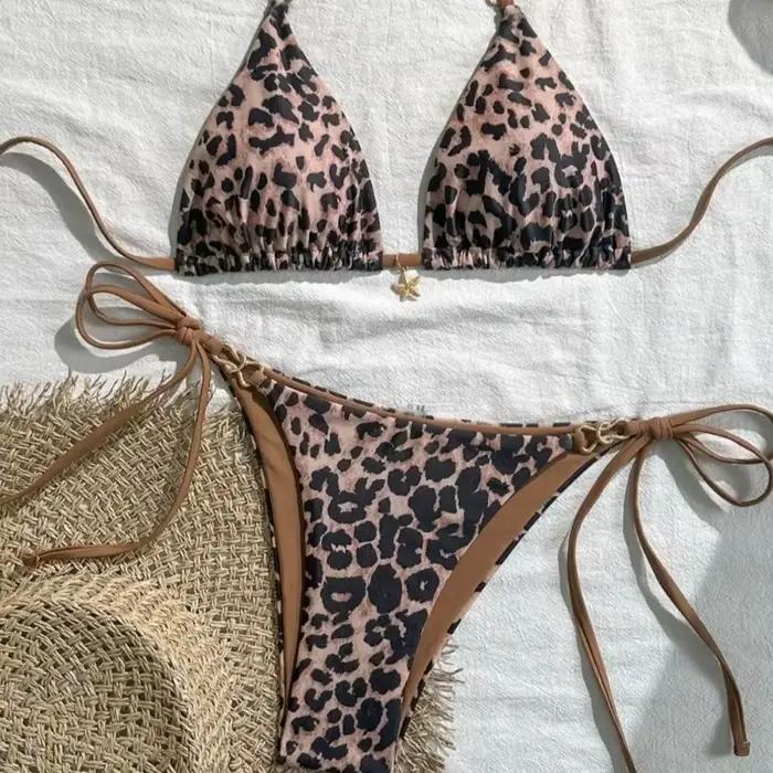 Ensemble Bikini Licou Imprimé Léopard Style de Plage Tissu Polyester Pour Femmes Junior Occasions Plage et Piscine