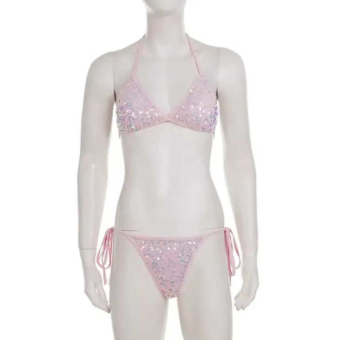Ensemble de bikini sexy en dentelle rose à lacets pour les vacances à la plage