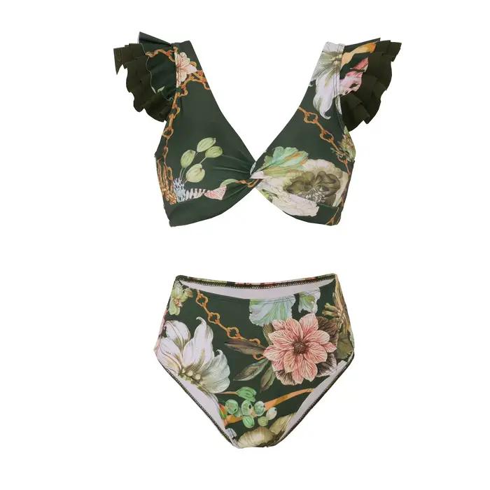 Maillot de bain noir à col en V 2026, maillot de bain à volants pour femme, maillot de bain taille haute imprimé, tenue de plage
