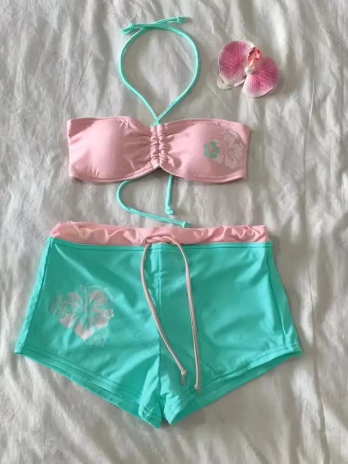 Y2K Harajuku Fille Chaude Doux Style Fleur Imprimé Bikini Ensemble de Printemps Chaud Vacances Mignon Femmes Maillot de Bain Plage Millennium Style