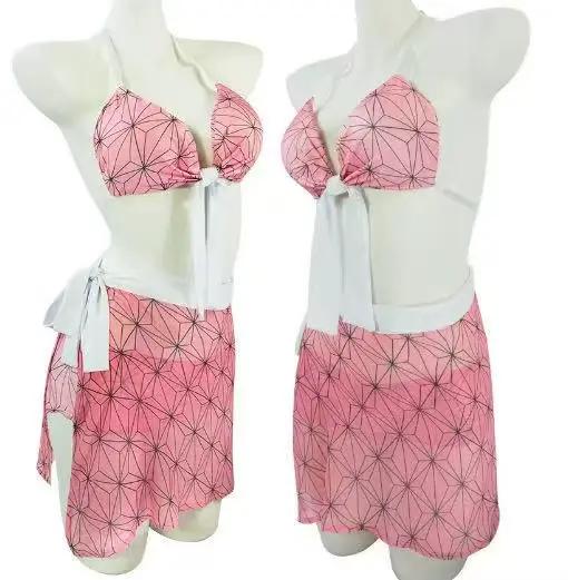Anime démon Slayer maillot de bain Bikini avec Kimono couvrir femmes Nezuko Shinobu Cosplay Kimetsu No Yaiba maillots de bain Sexy maillot de bain