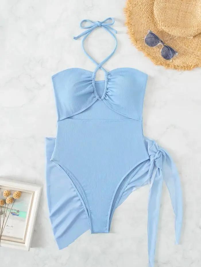 Cikini-Maillot de bain licou découpé pour femme avec jupe de plage