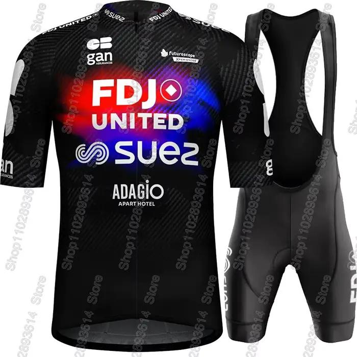 Ensemble Maillot et Cuissard Cycliste Unisexe FDJ SUEZ 2026 France – Tenue Homme Femme Manches Courtes pour Vélo de Route