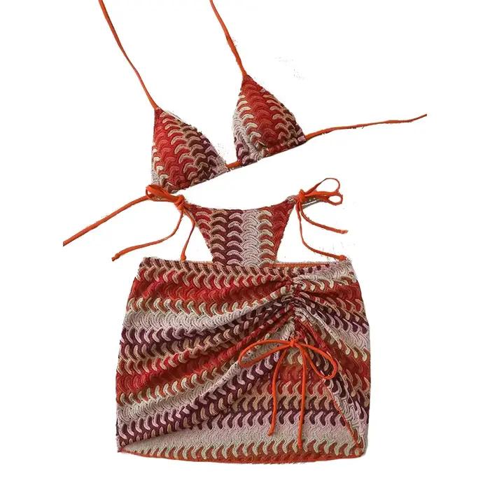 2026 Ensemble de bikini bohème sexy pour femme, maillot de bain imprimé trois pièces avec paréo et taille haute