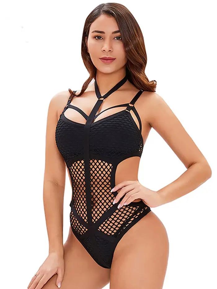 Maillot de bain une pièce grande taille pour femme en maille filet transparente, sans armature, polyester et élasthanne, col suspendu, pour nager et les vacances, disponible en plusieurs couleurs et tailles XL à XS
