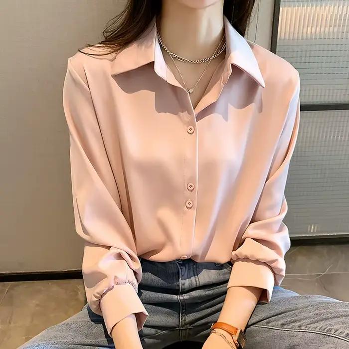 Chemises grande taille printemps été mode femme à manches longues ample solide Blouse hauts décontracté en mousseline de soie chemise femmes bureau dame chemises