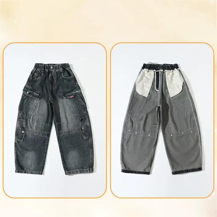 Jean Cargo incurvé avec poche pour enfants de 5 à 14 ans, nouvelle mode, Design de luxe, pour adolescents, Baggy décontracté, pantalon en Denim de charpentier