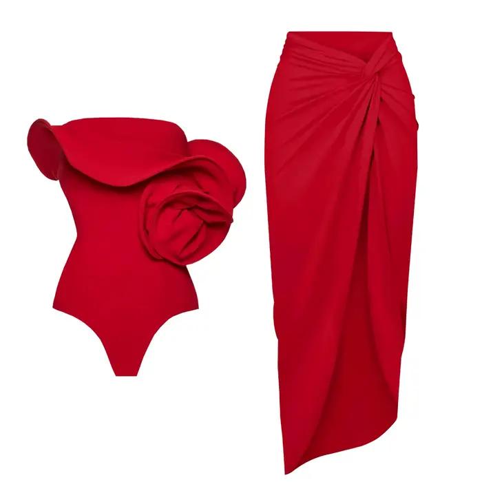 Bikini de luxe Sporlike, Fleur Rouge, Deux Pièces, Maillot de Bain Femme, Occasions Estivales, Mode, Polyamide, Élasthanne, Polyester, Réglable, Maillot de Bain avec Jupe, Gilet
