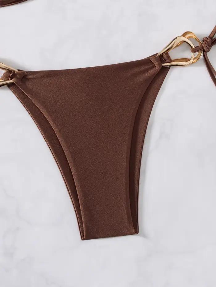 Sexy noir café Bikini ensemble 2025 femmes métal ornement évider Push Up soutien-gorge string maillot de bain été