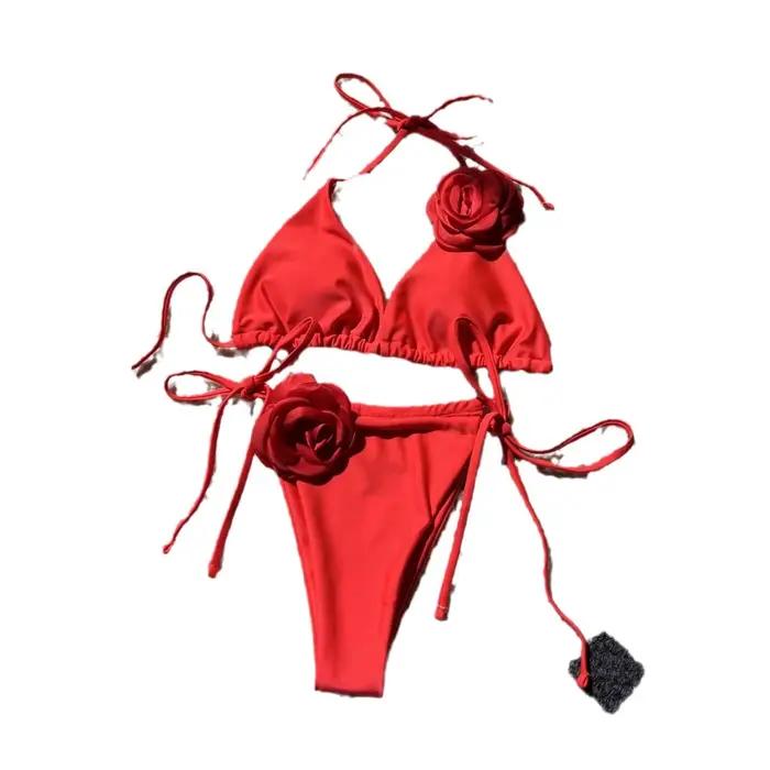 Solide Rose imprimé cordon de serrage à nouer deux pièces Bikini ensemble maillots de bain femme