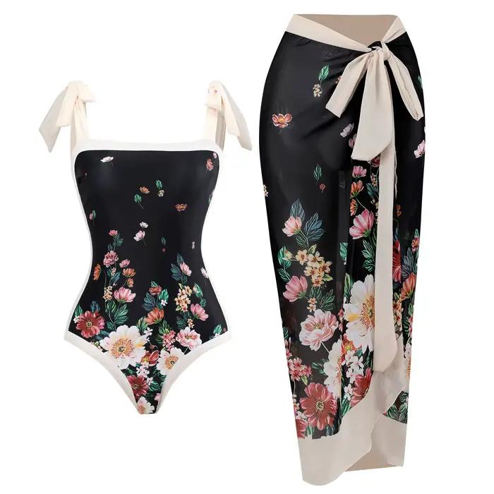 Maillot de bain une pièce imprimé avec jupe de plage pour femmes, tenue de bain estivale pour nager et plage, ajustement parfait, design moderne