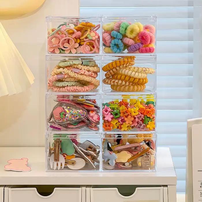 Boîte de rangement pour accessoires de cheveux à deux niveaux, boîte de rangement pour bijoux en acrylique compartimentée avec capacités de rangement multifonctionnelles