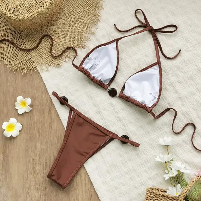 Bikini sexy pour femme style halter festonné uni avec volants ensemble 2 pièces pour été occasions spéciales