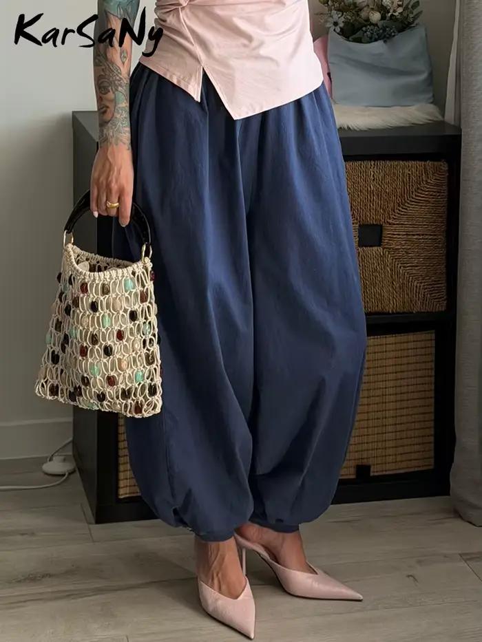 Pantalon large beige pour femme, coupe ample, style lanterne, taille élastique, décontracté, oversize, en coton, pour l'été et l'automne