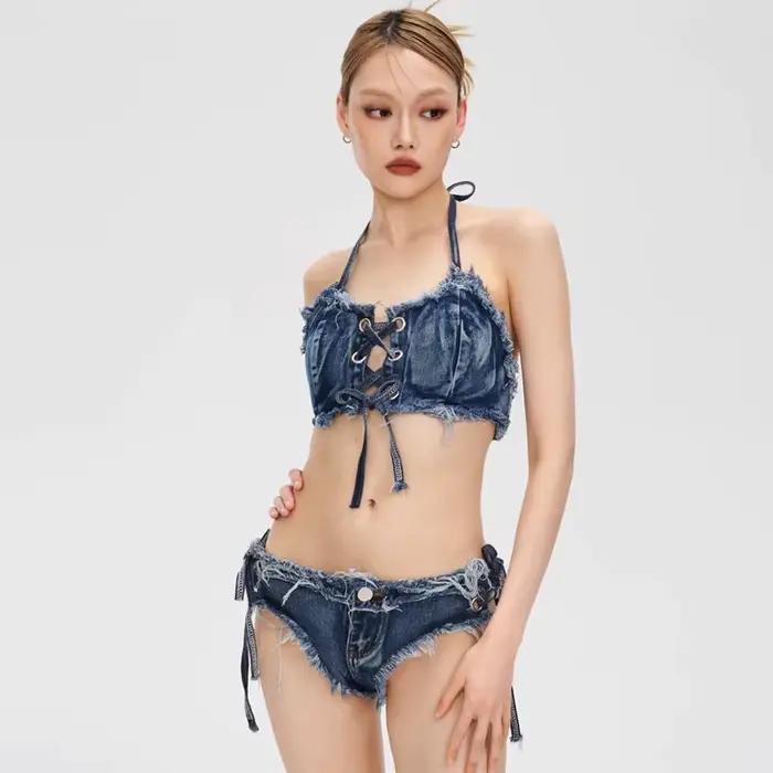 Maillot de bain bikini en jean deux pièces pour femme