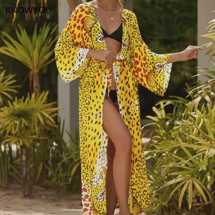 Beach Cover Ups Sexy imprimé léopard maillot de bain Cape femmes Long paréo auto ceinturé robes portefeuille vacances
