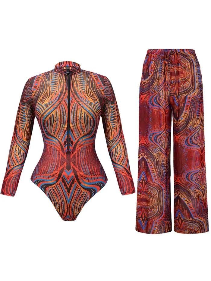 Maillot de bain imprimé à manches longues avec pantalon